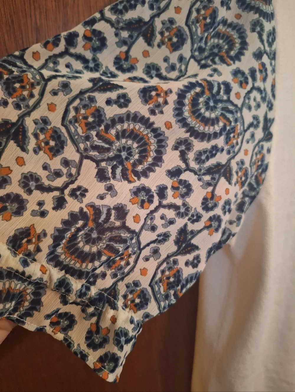 J. Crew Cream Knit Top with Blue Paisley Short Sheer Sleeves Women's Size M